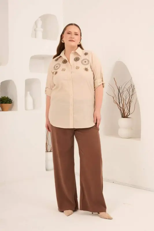 Nakış ve İşleme Detaylı Büyük Beden Gömlek Taş - 5