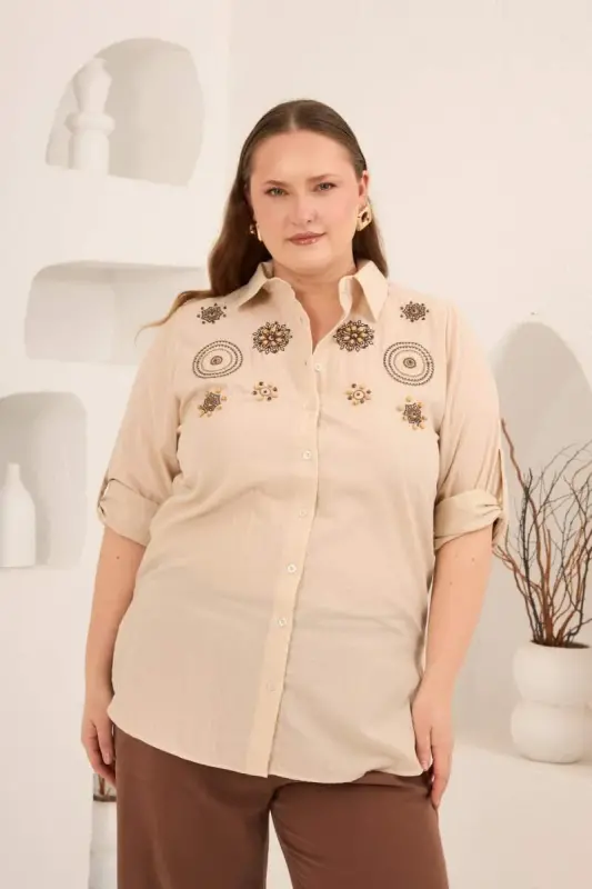 Nakış ve İşleme Detaylı Büyük Beden Gömlek Taş - BÜYÜKBEDENIZ