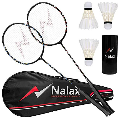 Nalax Badminton to'plami, 2 o'yinchi uchun Badminton raketkalari, 3 Shuttlecock va 1 ta tashish sumkasi bilan uglerod tolali Badminton raketkasi, ochiq havoda, bog'da, plyajda, oilaviy qiziqarli o'yin uchun Badminton hovlisi o'yinlari - 1