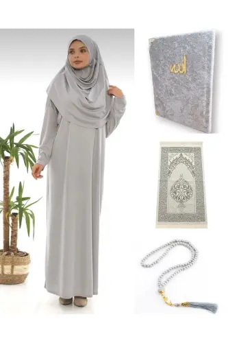 Namaz Seti Namaz Elbisesi Seccade Inci Tesbih Yasin-Gri 