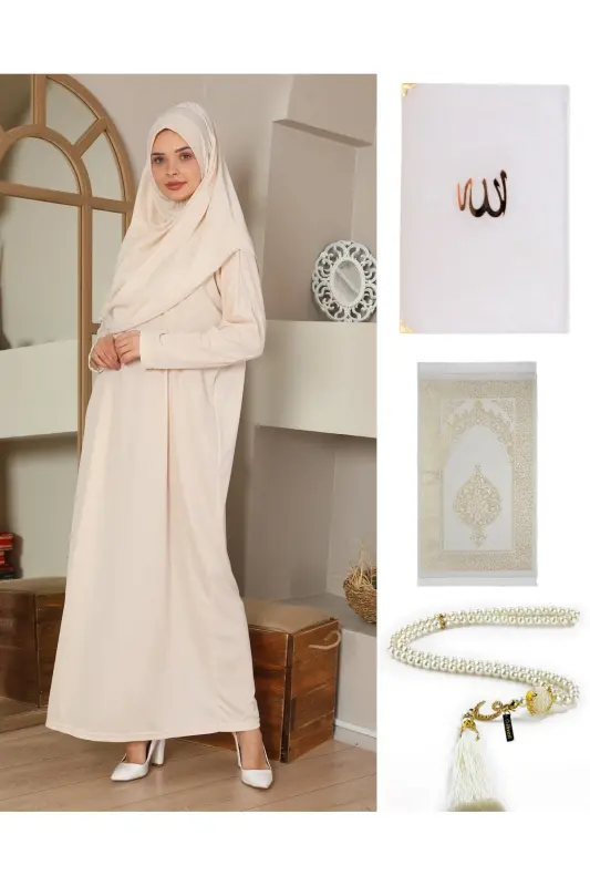 Namaz Seti Namaz Elbisesi Seccade Inci Tesbih Yasin Krem-krem - 1
