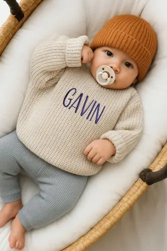 Name Embroidered Unisex Baby-Children's Bicycle Collar Knitted Sweater Baby Gift Personalized Sweater-Embroidered Stone - MINYTRENDY (1)