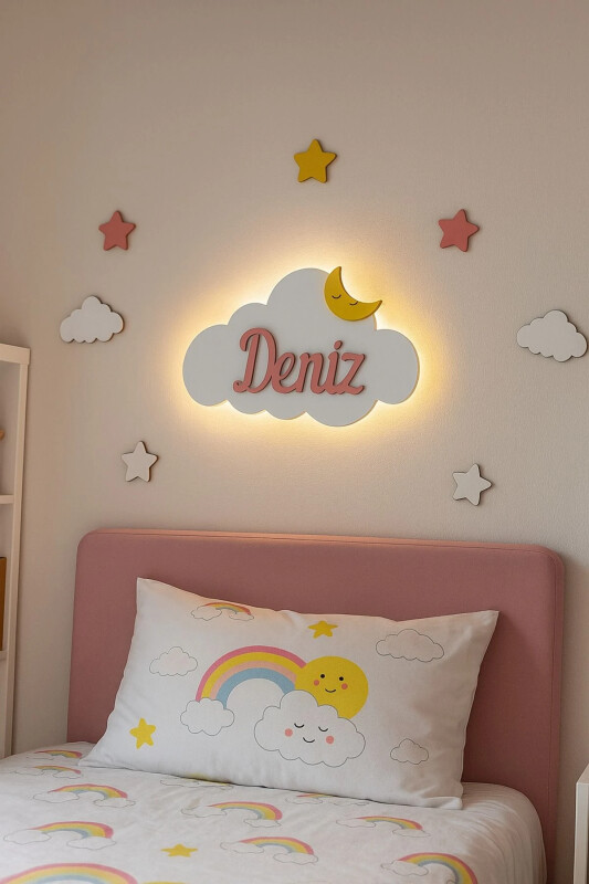 Named Cloud Night Light Baby Kids Room Wall Decoration Lighting Wooden Decoration Product - 1
