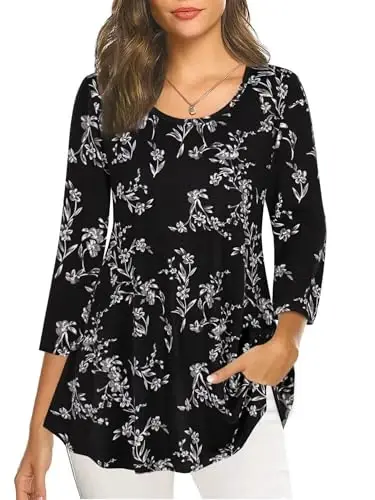 Nandashe Womens 3/4 Sleeves Floral Tunic Shirts Summer Casual Dressy Blouse Tops 