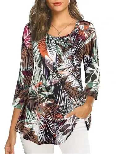 Nandashe Womens 3/4 Sleeves Floral Tunic Shirts Summer Casual Dressy Blouse Tops - 2