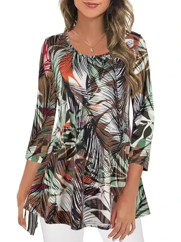 Nandashe Womens 3/4 Sleeves Floral Tunic Shirts Summer Casual Dressy Blouse Tops - NANDASHE