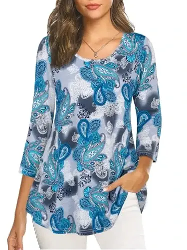 Nandashe Womens 3/4 Sleeves Floral Tunic Shirts Summer Casual Dressy Blouse Tops 