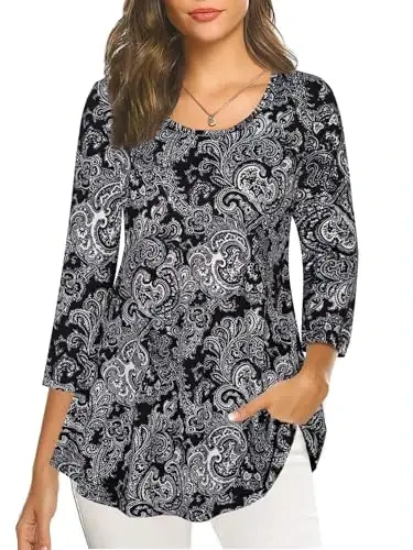 Nandashe Womens 3/4 Sleeves Floral Tunic Shirts Summer Casual Dressy Blouse Tops 