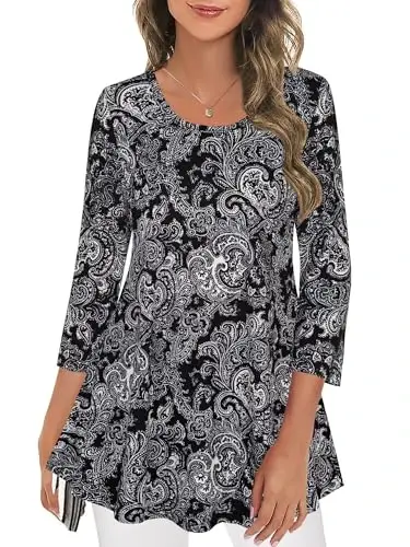 Nandashe Womens 3/4 Sleeves Floral Tunic Shirts Summer Casual Dressy Blouse Tops - NANDASHE (1)