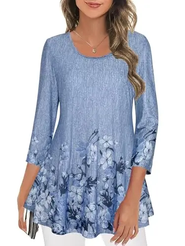 Nandashe Womens 3/4 Sleeves Floral Tunic Shirts Summer Casual Dressy Blouse Tops - 2