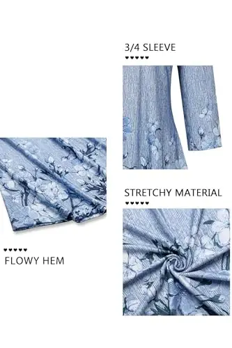 Nandashe Womens 3/4 Sleeves Floral Tunic Shirts Summer Casual Dressy Blouse Tops - 5