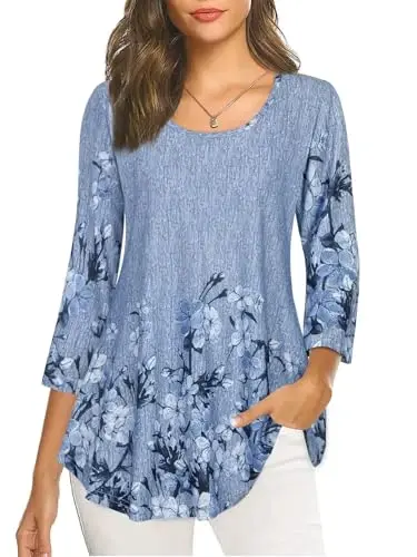 Nandashe Womens 3/4 Sleeves Floral Tunic Shirts Summer Casual Dressy Blouse Tops - NANDASHE
