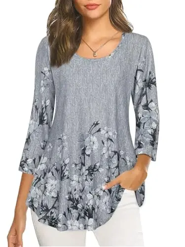 Nandashe Womens 3/4 Sleeves Floral Tunic Shirts Summer Casual Dressy Blouse Tops 
