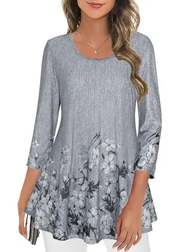 Nandashe Womens 3/4 Sleeves Floral Tunic Shirts Summer Casual Dressy Blouse Tops - NANDASHE (1)