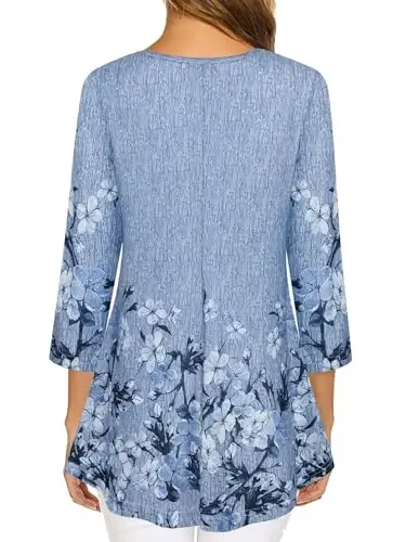 Nandashe Women's 3/4 Sleeves Floral Tunic Shirts Summer Casual Dressy Blouse Tops - 3