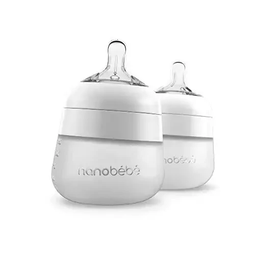 Nanobebe Flexy Silicone Baby Bottle, Anti-Colic, Natural Feel, Non-Collapsing Nipple, Non-Tip Stable Base, Easy to Clean 2-Pack, White, 5 oz - 1