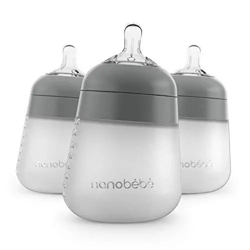 Nanobebe Flexy Silicone Baby Bottle, Anti-Colic, Natural Feel, Non-Collapsing Nipple, Non-Tip Stable Base, Easy to Clean, 3-Pack, Gray, 9oz 