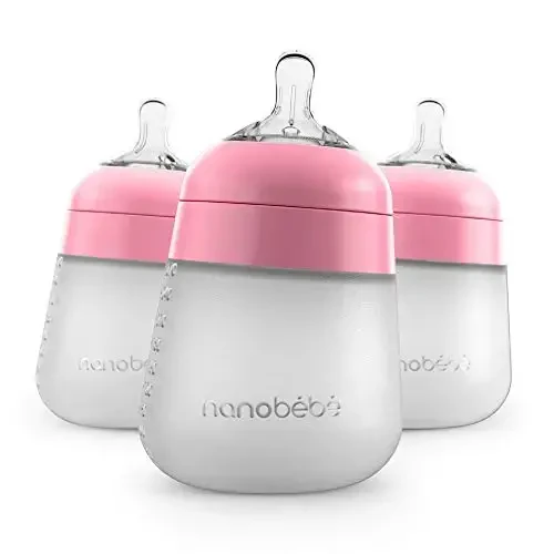 Nanobebe Flexy Silicone Baby Bottle, Anti-Colic, Natural Feel, Non-Collapsing Nipple, Non-Tip Stable Base, Easy to Clean, 3-Pack, Pink, 9oz 