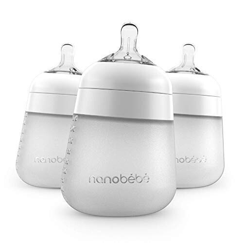 Nanobébé Flexy Silicone Baby Bottle, Anti-Colic, Natural Feel, Non-Collapsing Nipple, Non-Tip Stable Base, Easy to Clean, 3-Pack, White, 9oz - 6