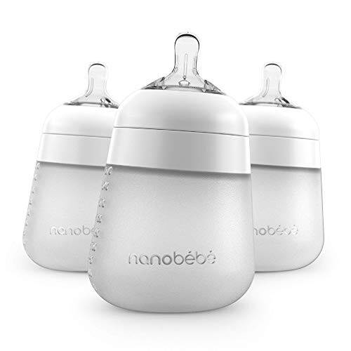 Nanobébé Flexy Silicone Baby Bottle, Anti-Colic, Natural Feel, Non-Collapsing Nipple, Non-Tip Stable Base, Easy to Clean, 3-Pack, White, 9oz - 6