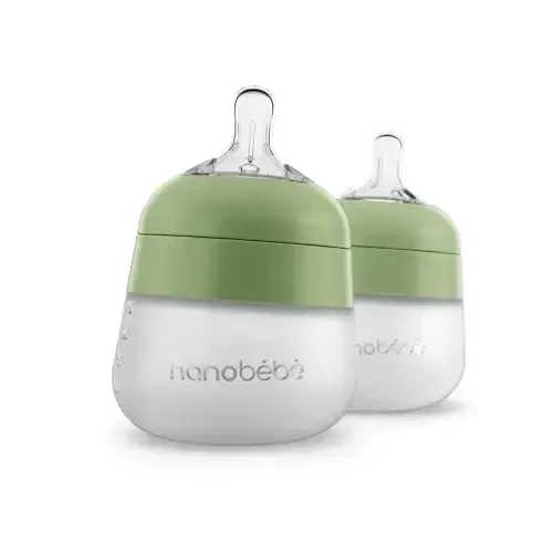 Nanobebe Flexy Silicone Baby Bottle, Anti-Colic, Natural Feel, Non-Collapsing Nipple, Non-Tip Stable Base, Easy to Clean 2-Pack, Sage, 5 oz - NANOBÉBÉ