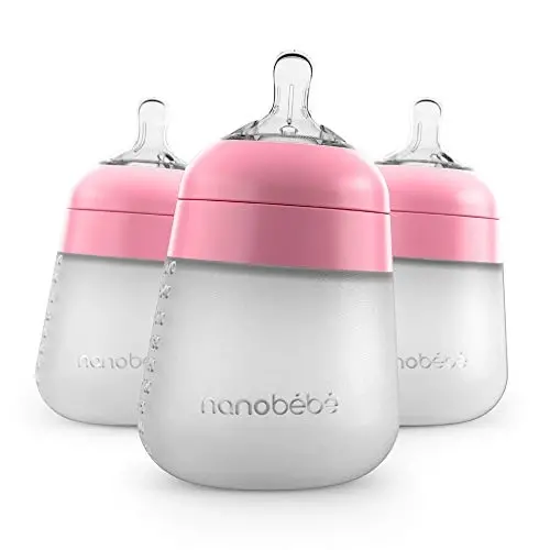 Nanobebe Flexy Silicone Baby Bottle, Anti-Colic, Natural Feel, Non-Collapsing Nipple, Non-Tip Stable Base, Easy to Clean, 3-Pack, Pink, 9oz - 1