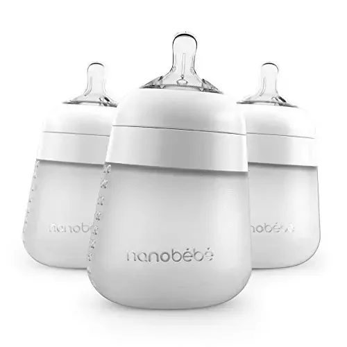 Nanobébé Flexy Silicone Baby Bottle, Anti-Colic, Natural Feel, Non-Collapsing Nipple, Non-Tip Stable Base, Easy to Clean, 3-Pack, White, 9oz - NANOBÉBÉ