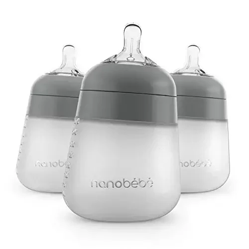 Nanobebe Flexy Silicone Baby Bottle, Anti-Colic, Natural Feel, Non-Collapsing Nipple, Non-Tip Stable Base, Easy to Clean, 3-Pack, Gray, 9oz - 1