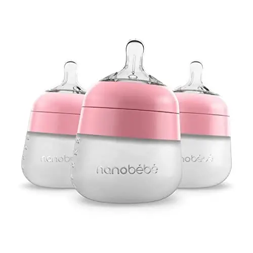 Nanobebe Flexy Silicone Baby Bottle, Anti-Colic, Natural Feel, Non-Collapsing Nipple, Non-Tip Stable Base, Easy to Clean 3-Pack, Pink, 5 oz - 1