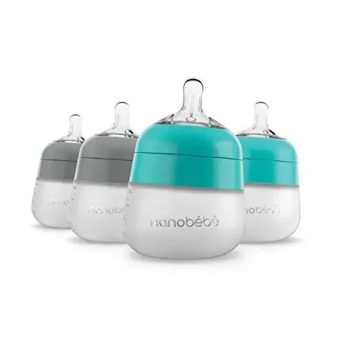 Nanobebe Flexy Silicone Baby Bottle, Anti-Colic, Natural Feel, Non-Collapsing Nipple, Non-Tip Stable Base, Easy to Clean 4-Pack, Grey/Teal, 5 oz - 1