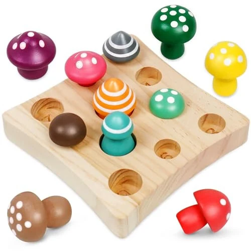 NAODONGLI Toddler Toys,Montessori Wooden Sensory Early Educatioanl Learning Fine Motor & Shape Sorter Toy,Matching Games with Mushroom Puzzle,Fun Easter Basket Stuffers Birthday Gift for Boys Girls - 25