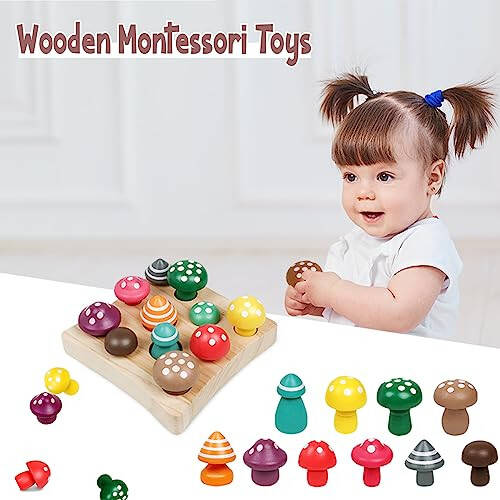 NAODONGLI Toddler Toys,Montessori Wooden Sensory Early Educatioanl Learning Fine Motor & Shape Sorter Toy,Matching Games with Mushroom Puzzle,Fun Easter Basket Stuffers Birthday Gift for Boys Girls - 27