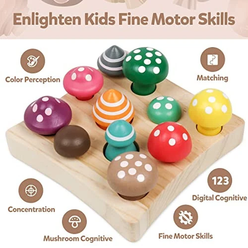 NAODONGLI Toddler Toys,Montessori Wooden Sensory Early Educatioanl Learning Fine Motor & Shape Sorter Toy,Matching Games with Mushroom Puzzle,Fun Easter Basket Stuffers Birthday Gift for Boys Girls - 28