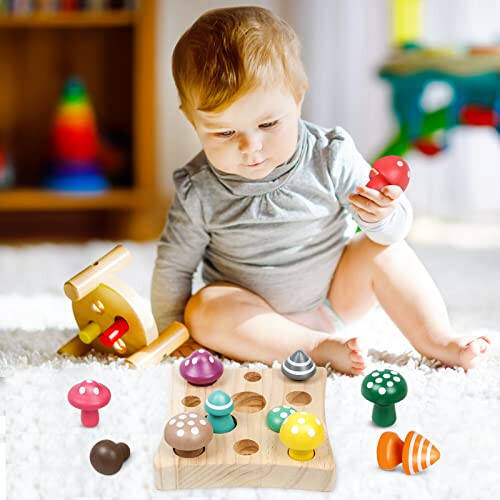 NAODONGLI Toddler Toys,Montessori Wooden Sensory Early Educatioanl Learning Fine Motor & Shape Sorter Toy,Matching Games with Mushroom Puzzle,Fun Easter Basket Stuffers Birthday Gift for Boys Girls - 14