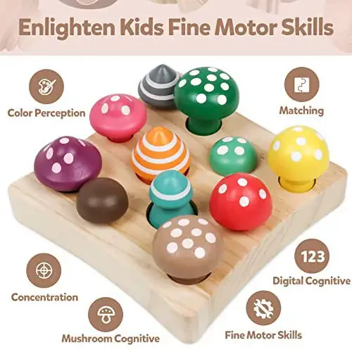 NAODONGLI Toddler Toys,Montessori Wooden Sensory Early Educatioanl Learning Fine Motor & Shape Sorter Toy,Matching Games with Mushroom Puzzle,Fun Easter Basket Stuffers Birthday Gift for Boys Girls - 10