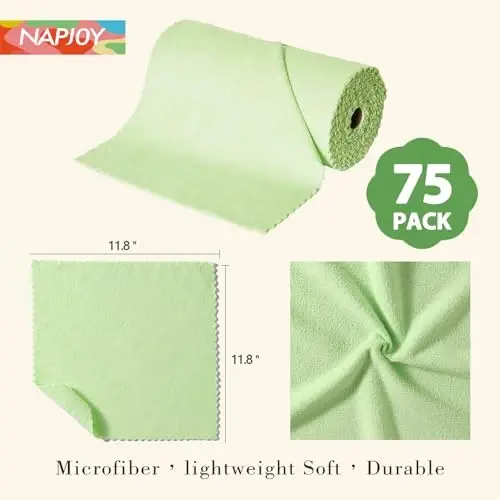 Napjoy Microfiber Cleaning Cloth Roll, Easy Tear Away Reusable Paper Towels, 75 Pack Ultra Soft Micro Fiber Dish Cloths for Kitchen, Housekeeping, Window, Car, Garden, Bathroom, 11.8