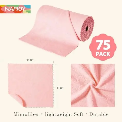 Napjoy Microfiber Cleaning Cloth Roll, Easy Tear Away Reusable Paper Towels, 75 Pack Ultra Soft Micro Fiber Dish Cloths for Kitchen, Housekeeping, Window, Car, Garden, Bathroom, 11.8