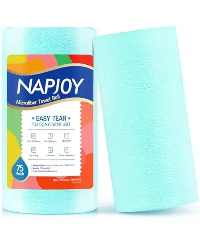 Napjoy Mikrofiber Tozalash Mato Rulosi, 75 dona Oson Yirtiladigan Qayta Ishlatiladigan Qog'oz Sochiqlar, 12
