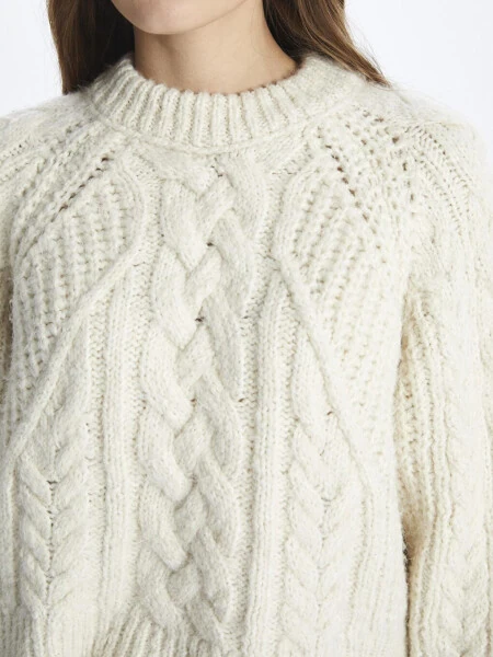 Napoli - Bisiklet Yaka Yumuşak Dokulu Saç Örgü Desenli Triko Kazak - Ekru Renk-Ekru - 4