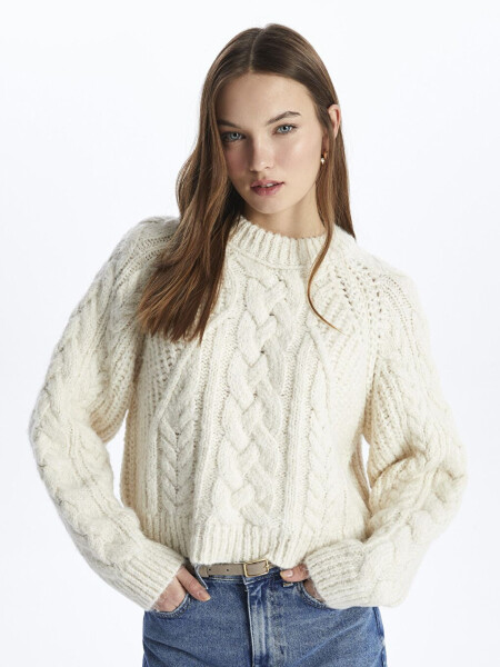 Napoli - Crew Neck Soft Textured Braided Knit Sweater - Ecru Color - 13