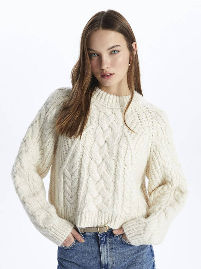 Napoli - Crew Neck Soft Textured Braided Knit Sweater - Ecru Color - 13