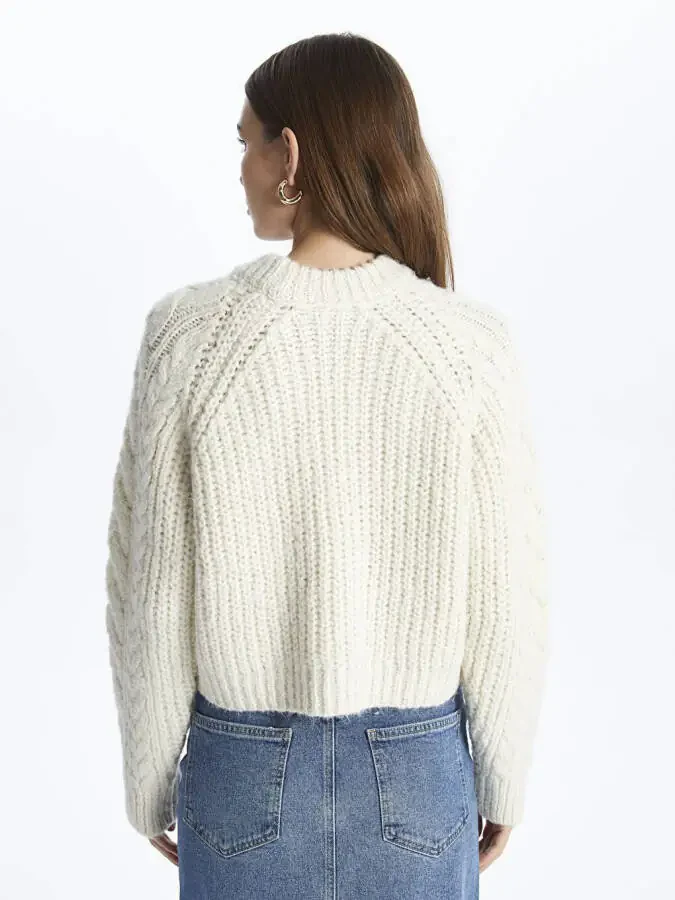 Napoli - Crew Neck Soft Textured Braided Knit Sweater - Ecru Color - 5