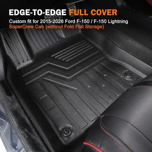 Напольные коврики KUST для 2015-2026 Ford F-150/F150 Lightning SuperCrew Cab | (Только для задних БЕЗ складного пола под сиденьем), Всепогодные, ТПЭ резина, Приподнятый край, Увеличенный бортик - 4