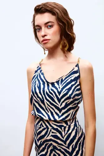 Naqshli atlas ko'ylak - KO'K - 3