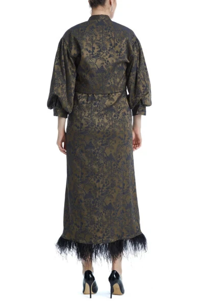 Naqshli Brocade mato va tosh ishlangan mo'ynali midi uzunlikdagi Camel Jacket Dress Set 38883 - 4