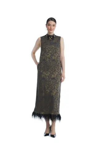 Naqshli Brocade mato va tosh ishlangan mo'ynali midi uzunlikdagi Camel Jacket Dress Set 38883 - 3
