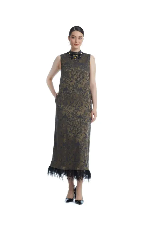 Naqshli Brocade mato va tosh ishlangan mo'ynali midi uzunlikdagi Camel Jacket Dress Set 38883 - 3