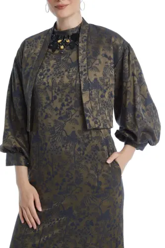 Naqshli Brocade mato va tosh ishlangan mo'ynali midi uzunlikdagi Camel Jacket Dress Set 38883 - 6