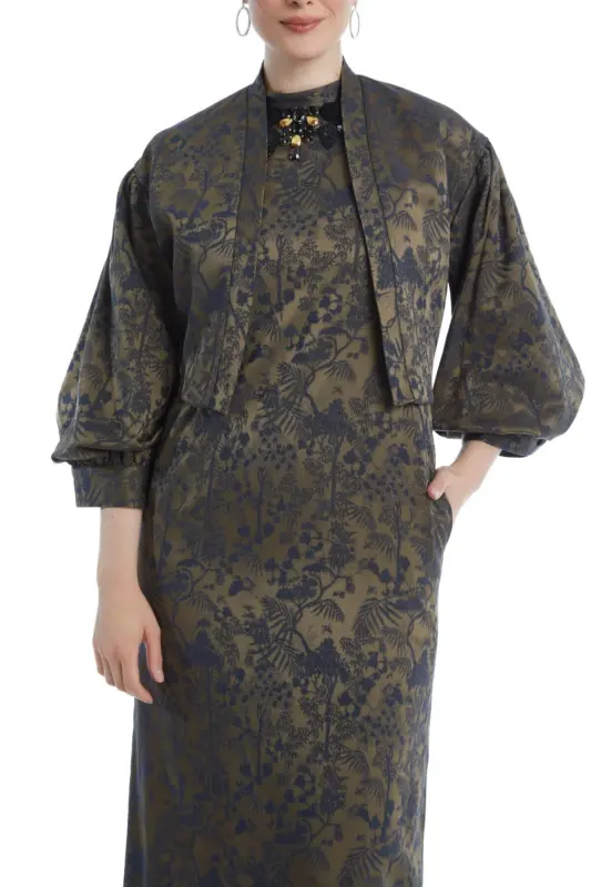 Naqshli Brocade mato va tosh ishlangan mo'ynali midi uzunlikdagi Camel Jacket Dress Set 38883 - 7