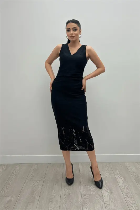 Naqshli krujeva mato qalam ko'ylak - QORA - 6